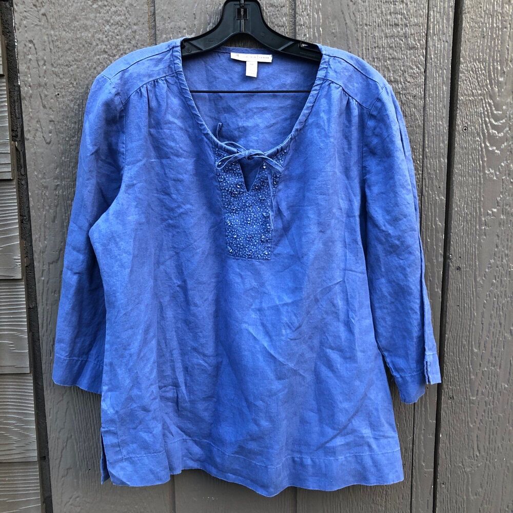 JM collection 100% linen blue blouse beaded 3/4 sleeve blouse